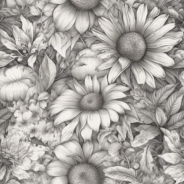grayscale, black and white, monochrome, charcoal gray, light gray, floral, daisy, botanical, nature, garden flowers, detailed line work, sketch style, vintage botanical, elegant, intricate, delicate, spring, summer, timeless, classic, romantic, peaceful, calming, nursery, baby room, children's decor, whimsical florals, naturalistic