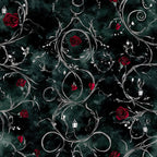 forest green, deep teal, burgundy red, dark red rose, black, silver, ornate, floral, roses, vintage, elegant, gothic, romantic, botanical, damask, ornamental swirls, scrollwork, dark academia, moody, sophisticated, luxury, theatrical, dramatic, nature-inspired, antique, classic, timeless, decorative, statement pattern