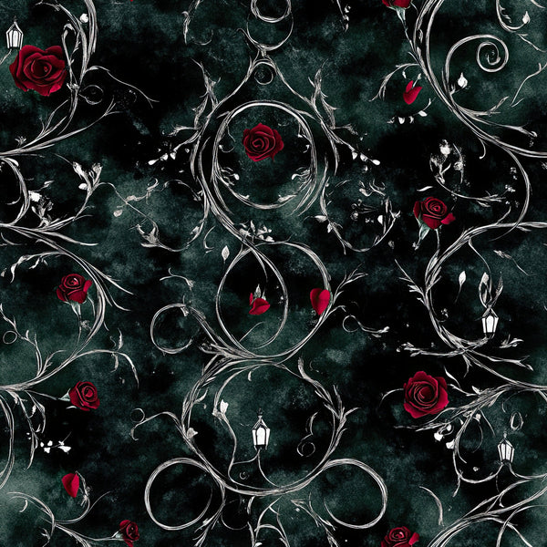 forest green, deep teal, burgundy red, dark red rose, black, silver, ornate, floral, roses, vintage, elegant, gothic, romantic, botanical, damask, ornamental swirls, scrollwork, dark academia, moody, sophisticated, luxury, theatrical, dramatic, nature-inspired, antique, classic, timeless, decorative, statement pattern