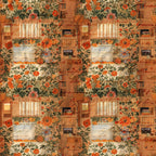 orange flowers, coral blooms, green foliage, cream background, botanical motifs, wooden furniture, cottage aesthetic, floral arrangements,, fabric panel, rustic charm, vintage style, cozy interior, scrapbook design, warm tones, repeating pattern, cottagecore vibes, autumn colors, country living, textile craft