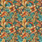 teal, orange, cream, golden yellow, burnt orange, dark teal, floral, ornamental, vintage, traditional, elegant, botanical, decorative, scrollwork, flourishes, leaves, petals, damask-inspired, spring, summer, timeless, classic, ornate, nature-inspired, detailed, whimsical, romantic, sophisticated