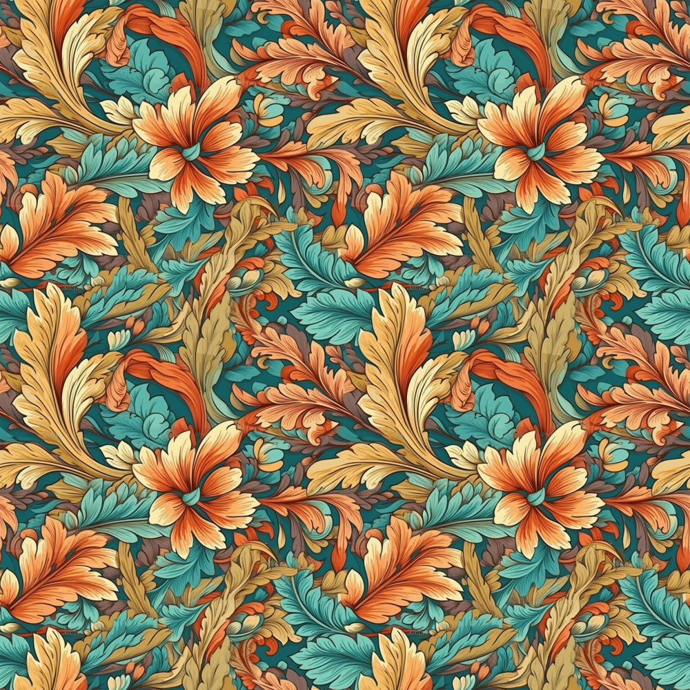 teal, orange, cream, golden yellow, burnt orange, dark teal, floral, ornamental, vintage, traditional, elegant, botanical, decorative, scrollwork, flourishes, leaves, petals, damask-inspired, spring, summer, timeless, classic, ornate, nature-inspired, detailed, whimsical, romantic, sophisticated