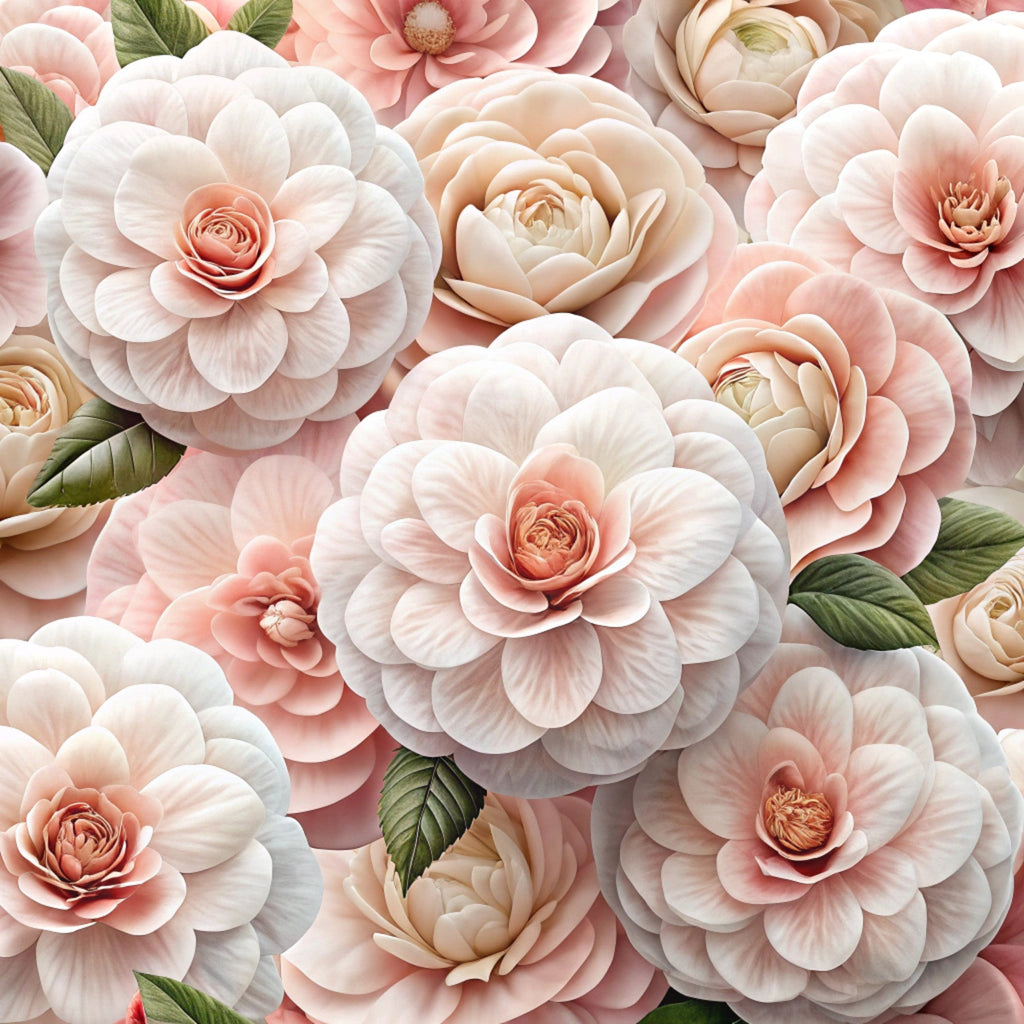 blush pink, coral, cream, ivory, sage green, realistic flowers, layered petals, botanical design, floral pattern, roses, ranunculus, camellia, romantic style, soft pastels,, fabric panel, garden blooms, delicate leaves, vintage inspired, feminine aesthetic
