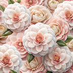 blush pink, coral, cream, ivory, sage green, realistic flowers, layered petals, botanical design, floral pattern, roses, ranunculus, camellia, romantic style, soft pastels,, fabric panel, garden blooms, delicate leaves, vintage inspired, feminine aesthetic