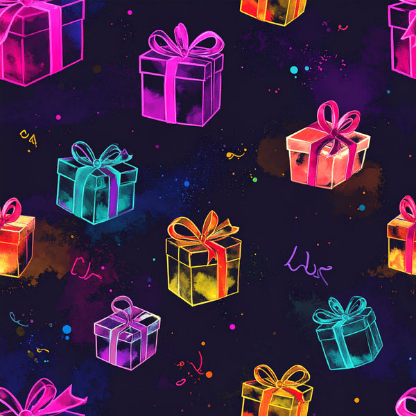 neon pink, magenta, cyan blue, electric blue, gold, yellow, dark purple, navy blue, neon glow, gift boxes, presents, bows, ribbons, neon style, modern, whimsical, festive, holiday, christmas, celebration, party, geometric, contemporary, vibrant, colorful, dark background, sparkles, particles, glowing effect, kids