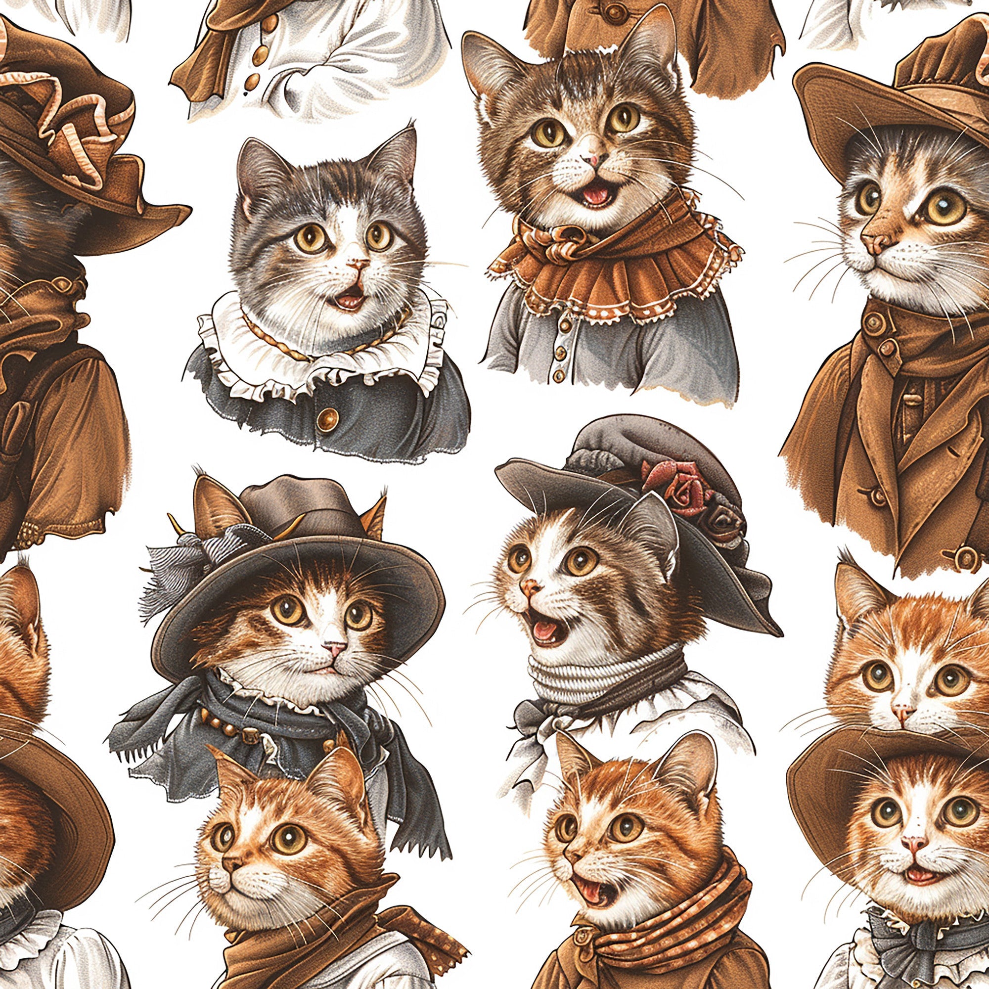 victorian cats, brown tones, sepia colors, cream background, ornate clothing, period costumes, ruffled collars, top hats, fancy dress, tabby cats, orange cats, gray cats, white cats, vintage illustration, detailed artwork,, fabric panel, whimsical design, anthropomorphic animals, historical fashion