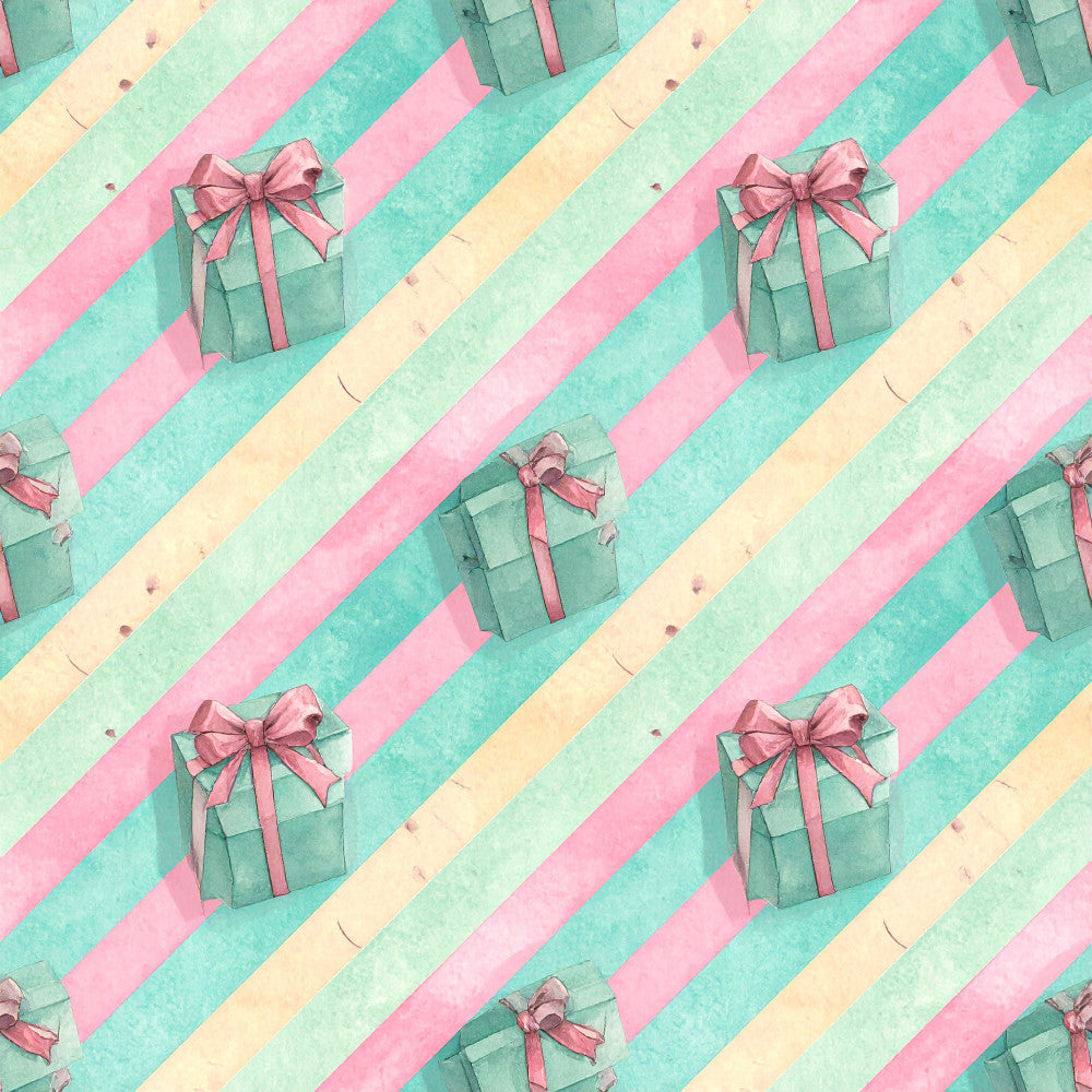 mint green, pastel pink, cream yellow, turquoise, diagonal stripes, striped pattern, gift boxes, presents, bows, ribbons, festive, celebration, modern, whimsical, playful, elegant, gift wrapping, holiday, special occasion, party, cheerful, pastel colors, geometric stripes, contemporary, soft aesthetic, nursery, kids room, baby shower, gift theme, decorative bows