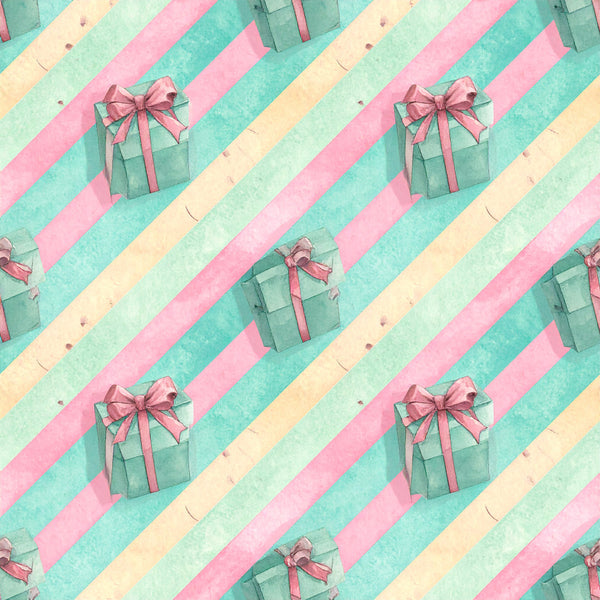 mint green, pastel pink, cream yellow, turquoise, diagonal stripes, striped pattern, gift boxes, presents, bows, ribbons, festive, celebration, modern, whimsical, playful, elegant, gift wrapping, holiday, special occasion, party, cheerful, pastel colors, geometric stripes, contemporary, soft aesthetic, nursery, kids room, baby shower, gift theme, decorative bows