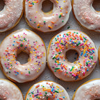 donuts, sprinkles, white glaze, colorful sprinkles, pink frosting, rainbow colors, junk food, dessert pattern, sweet treats,, fabric panel, food illustration, bakery theme, bright colors, confectionery, realistic style, yummy treats, sugar coating, round donuts, tempting sweets