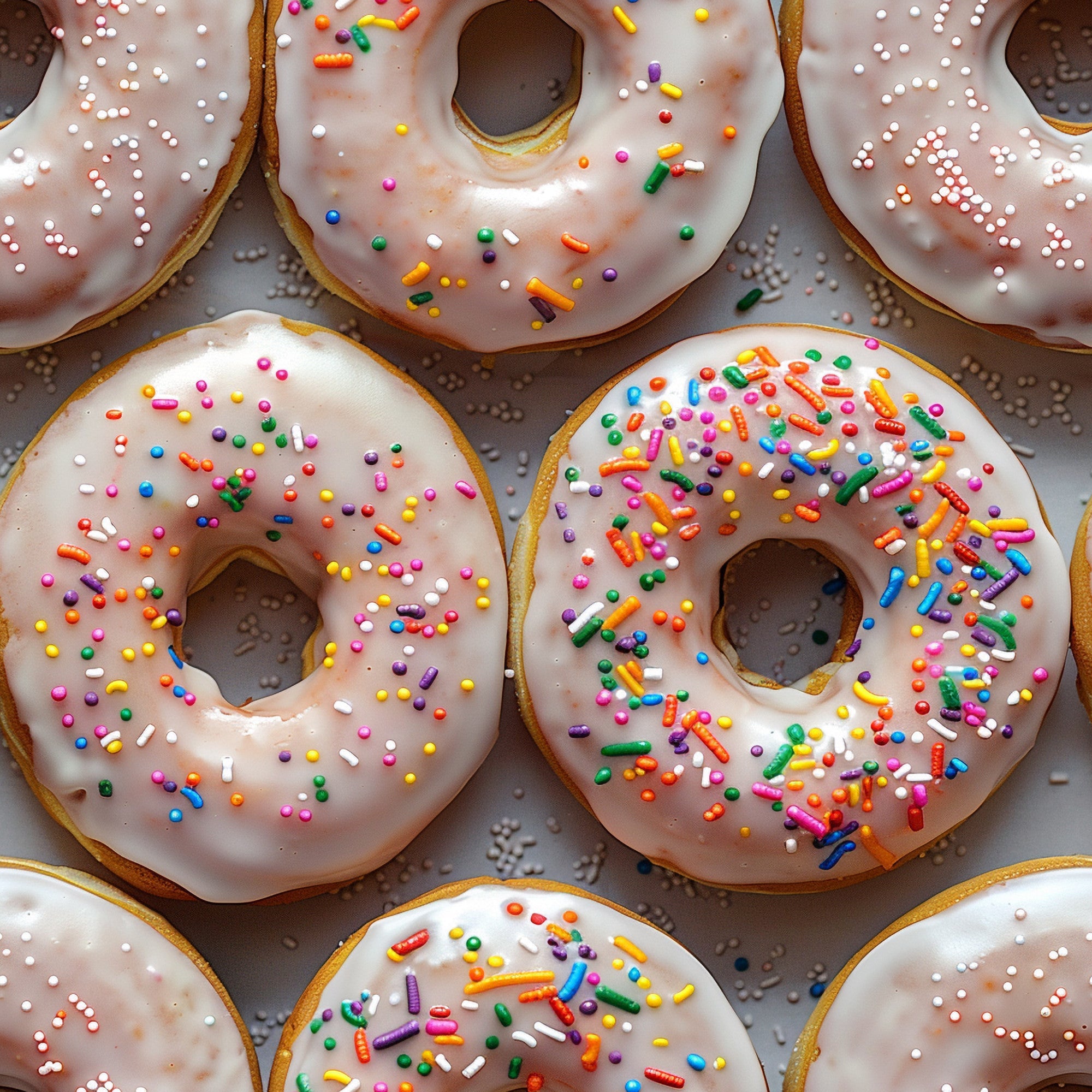 donuts, sprinkles, white glaze, colorful sprinkles, pink frosting, rainbow colors, junk food, dessert pattern, sweet treats,, fabric panel, food illustration, bakery theme, bright colors, confectionery, realistic style, yummy treats, sugar coating, round donuts, tempting sweets