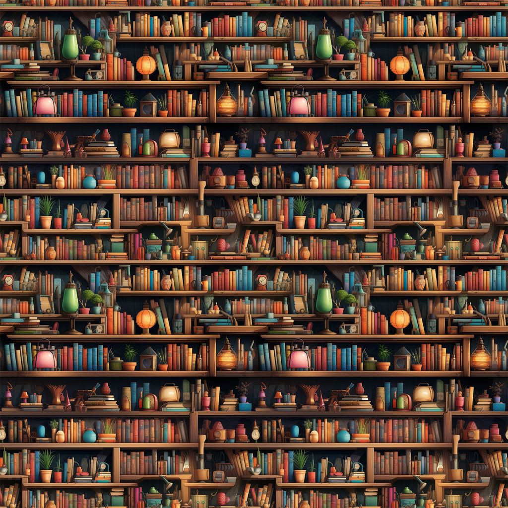 bookshelf pattern,, fabric panel, library scene, warm brown, orange, teal blue, green accents, red books, colorful books, potted plants, vintage lamps, decorative objects, cozy atmosphere, repeating design, literary theme, reading nook, bibliophile, scholarly vibe, warm lighting