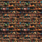 bookshelf pattern,, fabric panel, library scene, warm brown, orange, teal blue, green accents, red books, colorful books, potted plants, vintage lamps, decorative objects, cozy atmosphere, repeating design, literary theme, reading nook, bibliophile, scholarly vibe, warm lighting