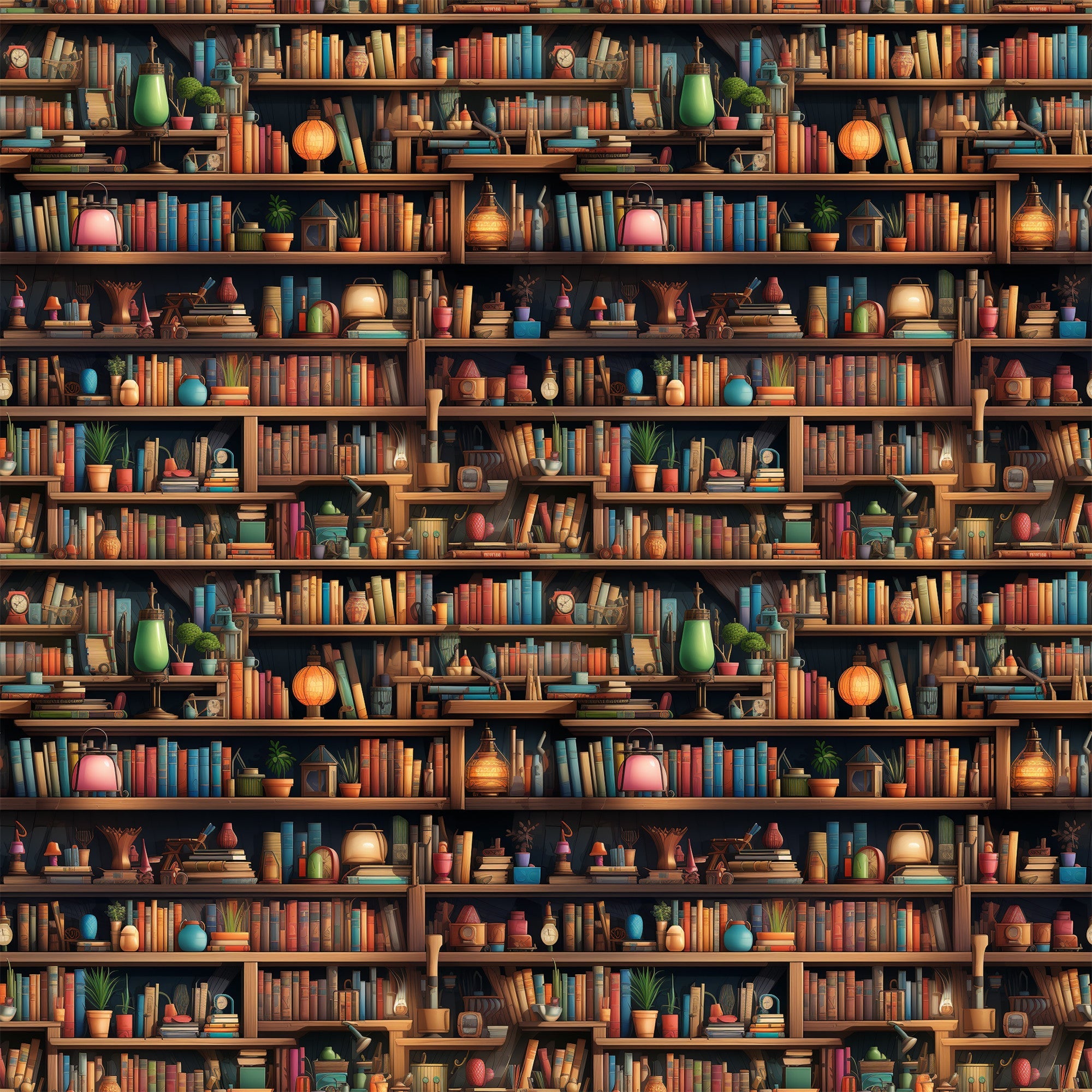 bookshelf pattern,, fabric panel, library scene, warm brown, orange, teal blue, green accents, red books, colorful books, potted plants, vintage lamps, decorative objects, cozy atmosphere, repeating design, literary theme, reading nook, bibliophile, scholarly vibe, warm lighting