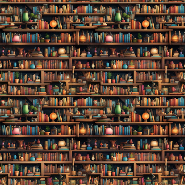 bookshelf pattern,, fabric panel, library scene, warm brown, orange, teal blue, green accents, red books, colorful books, potted plants, vintage lamps, decorative objects, cozy atmosphere, repeating design, literary theme, reading nook, bibliophile, scholarly vibe, warm lighting
