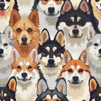 dog faces, canine portraits, animal pattern,, fabric panel, orange, brown, black, white, gray, beige, husky, corgi, shepherd, wolf-like, cartoon style, playful mood, pet themed, seamless repeat, craft fabric, sewing material