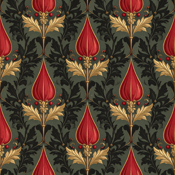 forest green, deep red, burgundy, gold, black, damask, floral, ornamental, victorian, elegant, traditional, ornate, botanical, leaves, feathers, scrolls, jewel tones, vintage, classical, upholstery, decorative, symmetrical, formal, sophisticated, rich colors, damask pattern, acanthus leaves, ornamental flowers