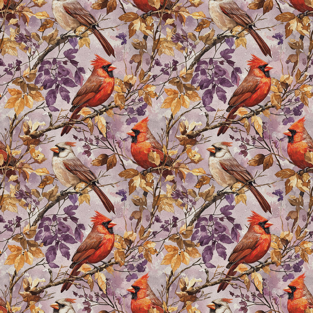 red cardinals, purple leaves, autumn foliage, brown branches, cream background, bird pattern, nature design,, fabric panel, seasonal birds, fall colors, botanical elements, wildlife motif, repeating pattern, orange accents, lavender tones, perched birds, tree branches, natural scene, cotton fabric