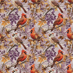 red cardinals, purple leaves, autumn foliage, brown branches, cream background, bird pattern, nature design,, fabric panel, seasonal birds, fall colors, botanical elements, wildlife motif, repeating pattern, orange accents, lavender tones, perched birds, tree branches, natural scene, cotton fabric
