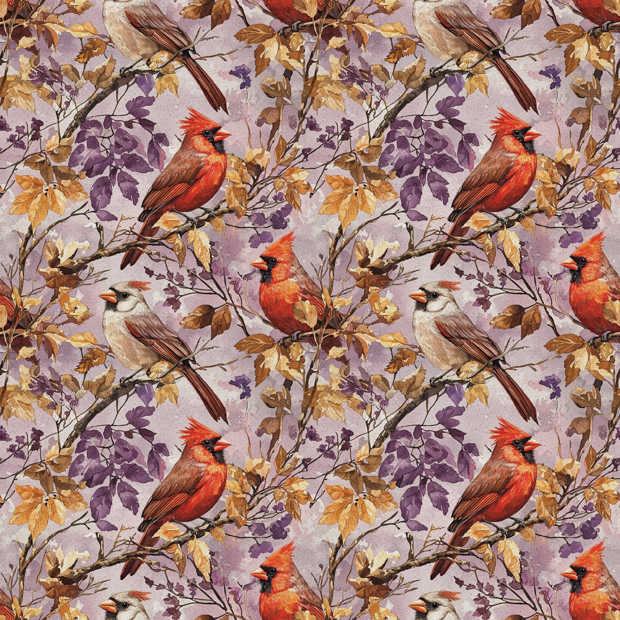 red cardinals, purple leaves, autumn foliage, brown branches, cream background, bird pattern, nature design,, fabric panel, seasonal birds, fall colors, botanical elements, wildlife motif, repeating pattern, orange accents, lavender tones, perched birds, tree branches, natural scene, cotton fabric