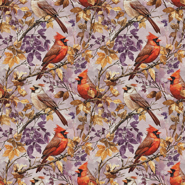 red cardinals, purple leaves, autumn foliage, brown branches, cream background, bird pattern, nature design,, fabric panel, seasonal birds, fall colors, botanical elements, wildlife motif, repeating pattern, orange accents, lavender tones, perched birds, tree branches, natural scene, cotton fabric