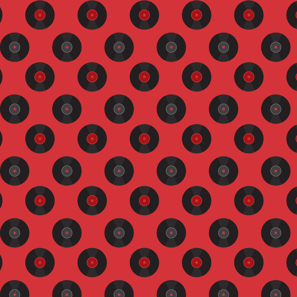red background, black records, vinyl records, retro pattern, 50s style, mid-century modern, music theme, circular motifs, geometric design, repeating pattern,, fabric panel, nostalgic vibes, diner aesthetic, rockabilly style, vintage records, alternating rows, music memorabilia