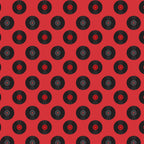 red background, black records, vinyl records, retro pattern, 50s style, mid-century modern, music theme, circular motifs, geometric design, repeating pattern,, fabric panel, nostalgic vibes, diner aesthetic, rockabilly style, vintage records, alternating rows, music memorabilia
