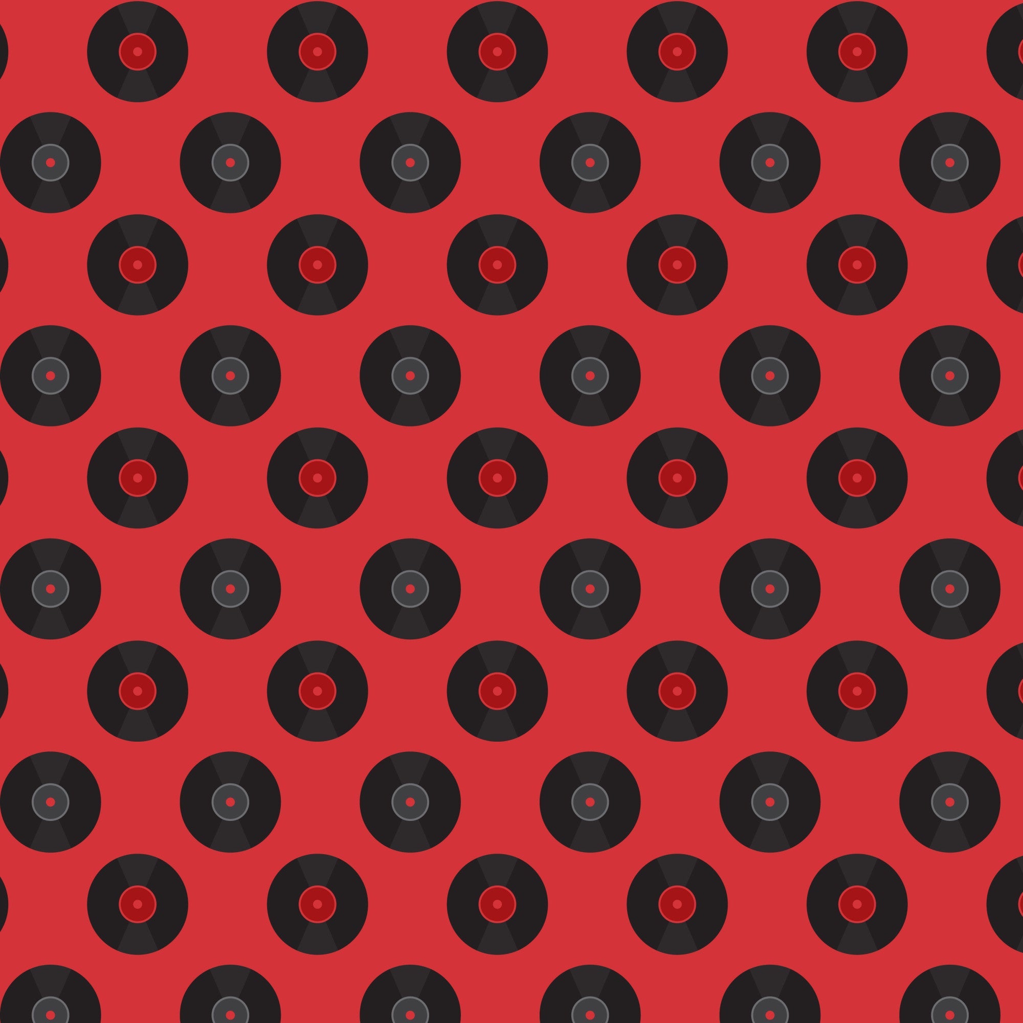red background, black records, vinyl records, retro pattern, 50s style, mid-century modern, music theme, circular motifs, geometric design, repeating pattern,, fabric panel, nostalgic vibes, diner aesthetic, rockabilly style, vintage records, alternating rows, music memorabilia