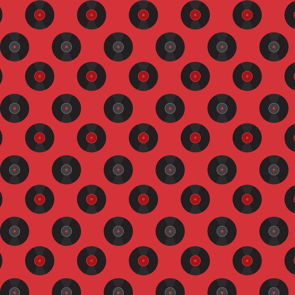 red background, black records, vinyl records, retro pattern, 50s style, mid-century modern, music theme, circular motifs, geometric design, repeating pattern,, fabric panel, nostalgic vibes, diner aesthetic, rockabilly style, vintage records, alternating rows, music memorabilia