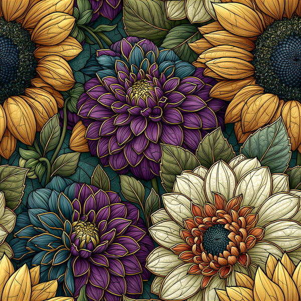 gold yellow, sunflower yellow, purple, deep purple, plum purple, cream white, ivory, rust orange, teal blue, sage green, floral, dahlia, sunflower, botanical, nature, garden, elegant, whimsical, bohemian, rustic, traditional, dahlias, multi-color, colorful, summer, spring, autumn, home decor, bedding, sewing projects