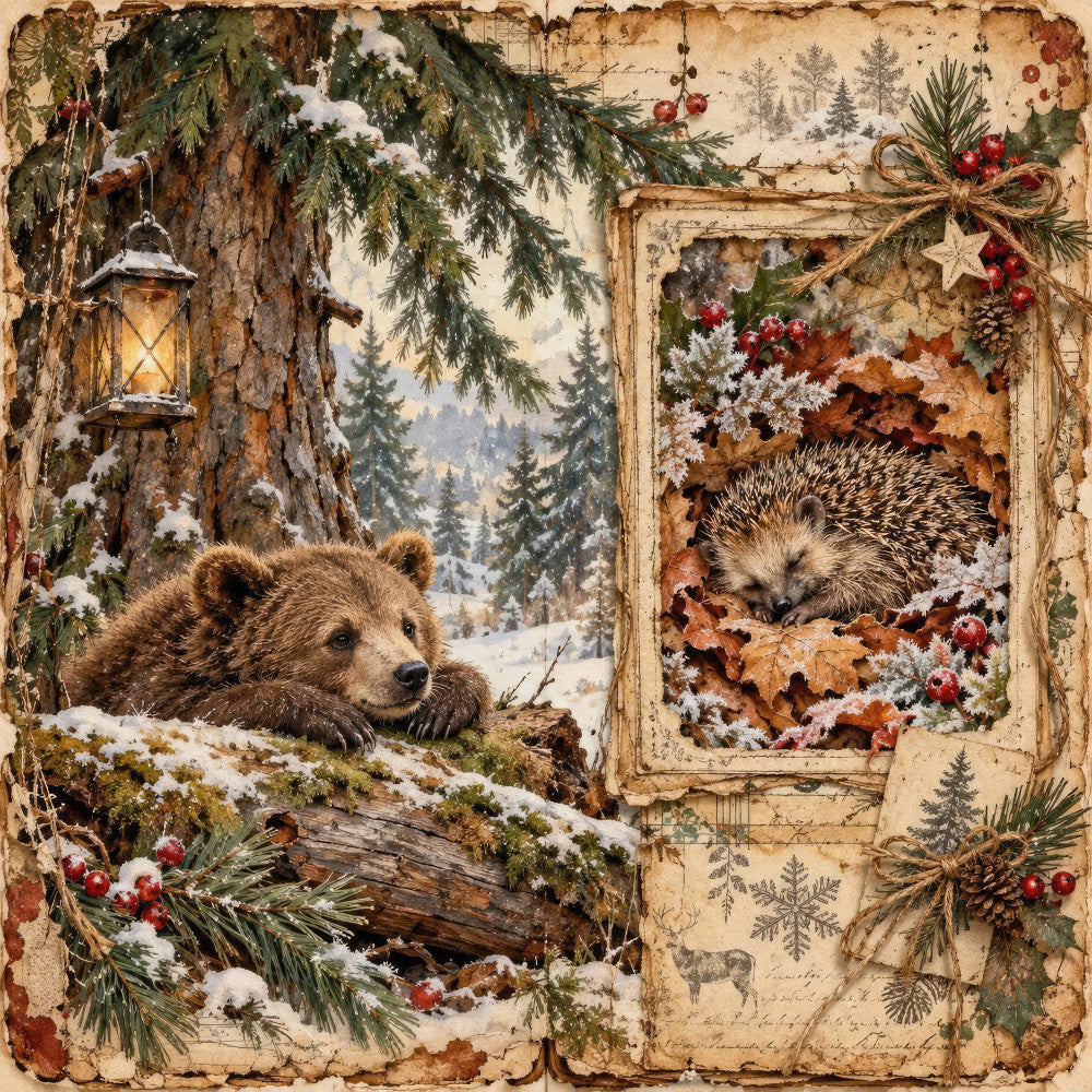 forest green, cream, brown, red berries, gold, vintage, rustic, woodland, nature, animals, bear, hedgehog, winter, christmas, holiday, snow, evergreen branches, pine cones, berries, lantern, cozy, traditional, storybook, fairy tale, whimsical, forest animals, snowy landscape, festive, cottage core, antique