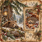 forest green, cream, brown, red berries, gold, vintage, rustic, woodland, nature, animals, bear, hedgehog, winter, christmas, holiday, snow, evergreen branches, pine cones, berries, lantern, cozy, traditional, storybook, fairy tale, whimsical, forest animals, snowy landscape, festive, cottage core, antique