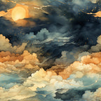 sunset clouds, evening sky, golden yellow, warm orange, deep blue, stormy gray, watercolor style, dreamy atmosphere, celestial scene, dramatic skies, flowing clouds,, fabric panel, nature inspired, twilight colors, atmospheric design, soft blending, peaceful mood, skyscape, cotton fabric
