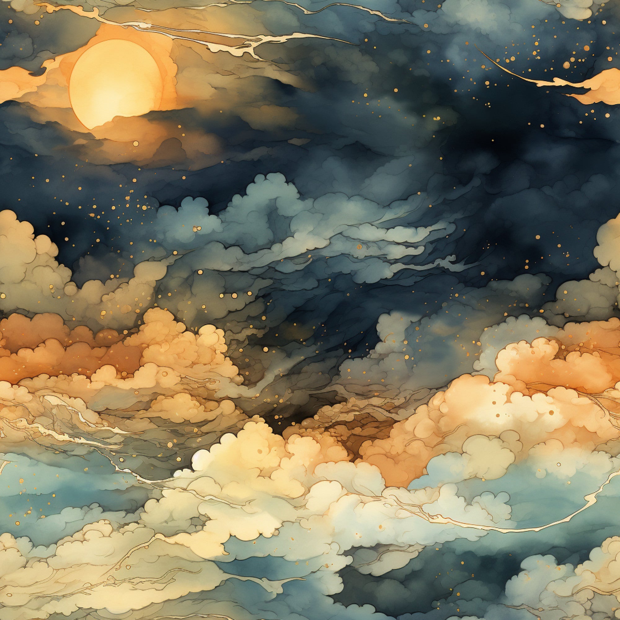 sunset clouds, evening sky, golden yellow, warm orange, deep blue, stormy gray, watercolor style, dreamy atmosphere, celestial scene, dramatic skies, flowing clouds,, fabric panel, nature inspired, twilight colors, atmospheric design, soft blending, peaceful mood, skyscape, cotton fabric