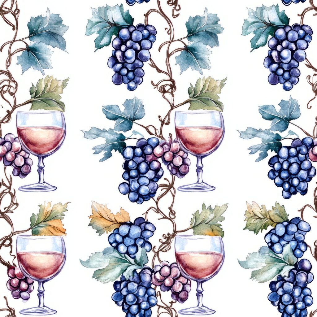 wine glasses, grapes, vineyard, watercolor style, blue grapes, purple grapes, green leaves, grapevines, wine theme, botanical pattern, repeating pattern,, fabric panel, burgundy wine, turquoise leaves, autumn colors, winery motif, seamless design, artistic illustration, alcohol themed