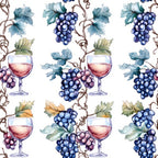 wine glasses, grapes, vineyard, watercolor style, blue grapes, purple grapes, green leaves, grapevines, wine theme, botanical pattern, repeating pattern,, fabric panel, burgundy wine, turquoise leaves, autumn colors, winery motif, seamless design, artistic illustration, alcohol themed