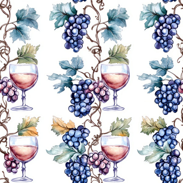 wine glasses, grapes, vineyard, watercolor style, blue grapes, purple grapes, green leaves, grapevines, wine theme, botanical pattern, repeating pattern,, fabric panel, burgundy wine, turquoise leaves, autumn colors, winery motif, seamless design, artistic illustration, alcohol themed