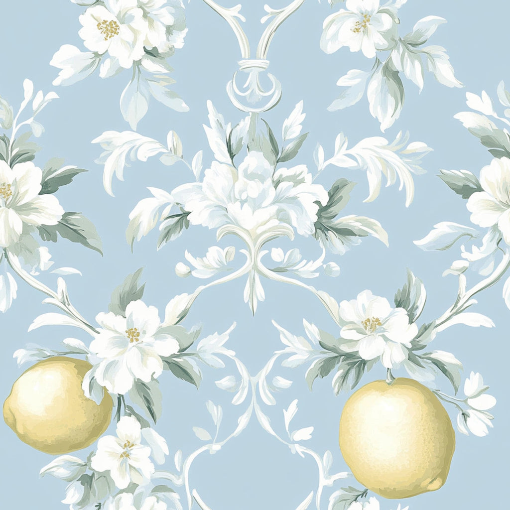 powder blue, soft yellow, white flowers, green leaves, lemon motifs, citrus fruits, floral pattern, shabby chic, vintage style, romantic design, pastel colors, botanical elements,, fabric panel, delicate blooms, ornate scrollwork, feminine aesthetic, cottage core, spring themed, repeating pattern