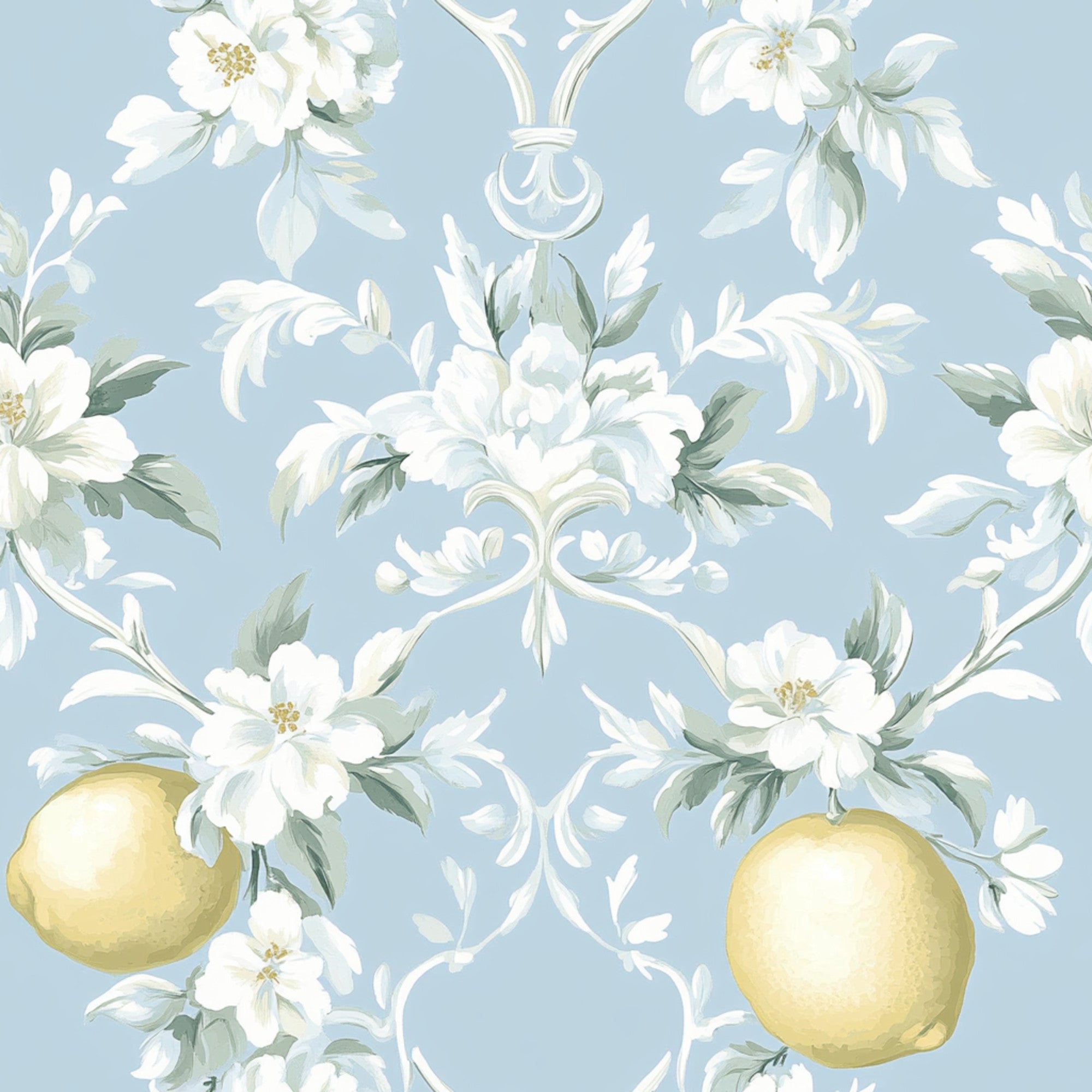 powder blue, soft yellow, white flowers, green leaves, lemon motifs, citrus fruits, floral pattern, shabby chic, vintage style, romantic design, pastel colors, botanical elements,, fabric panel, delicate blooms, ornate scrollwork, feminine aesthetic, cottage core, spring themed, repeating pattern