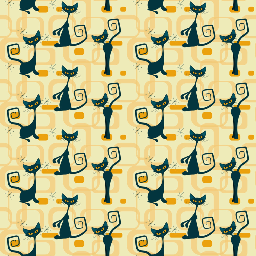atomic cats, black cats, yellow eyes, retro pattern, mid-century modern, geometric shapes, orange accents, cream background, stylized felines, curly tails, starburst motifs, vintage style, 1950s inspired,, fabric panel, atomic age, sleek silhouettes, rectangular elements, repeating pattern, modern cats