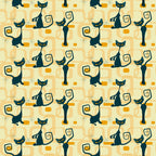 atomic cats, black cats, yellow eyes, retro pattern, mid-century modern, geometric shapes, orange accents, cream background, stylized felines, curly tails, starburst motifs, vintage style, 1950s inspired,, fabric panel, atomic age, sleek silhouettes, rectangular elements, repeating pattern, modern cats