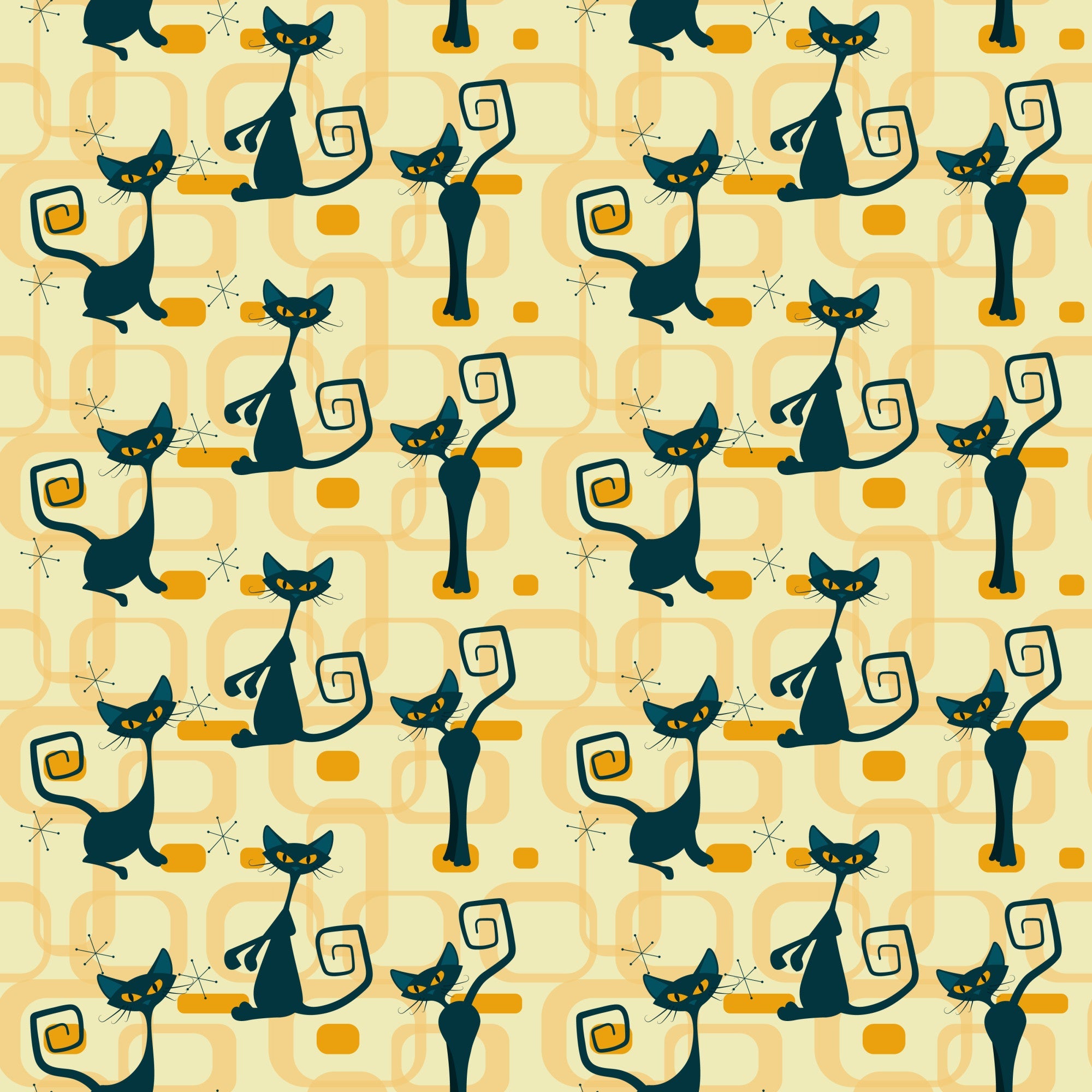 atomic cats, black cats, yellow eyes, retro pattern, mid-century modern, geometric shapes, orange accents, cream background, stylized felines, curly tails, starburst motifs, vintage style, 1950s inspired,, fabric panel, atomic age, sleek silhouettes, rectangular elements, repeating pattern, modern cats