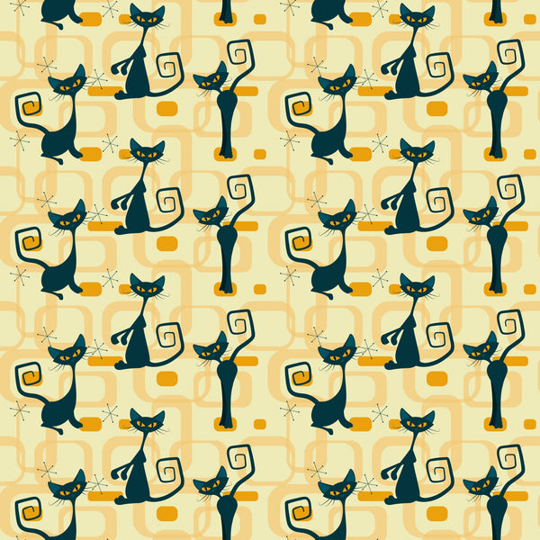 atomic cats, black cats, yellow eyes, retro pattern, mid-century modern, geometric shapes, orange accents, cream background, stylized felines, curly tails, starburst motifs, vintage style, 1950s inspired,, fabric panel, atomic age, sleek silhouettes, rectangular elements, repeating pattern, modern cats