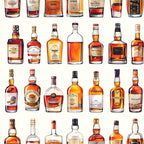 amber, orange, brown, golden, whiskey bottles, liquor bottles, glass bottles, alcohol pattern, bottle collection, scottish whisky, spirit bottles,, fabric panel, realistic illustration, beverage theme, distillery pattern, amber liquid, bottle labels, repeating pattern, vintage bottles