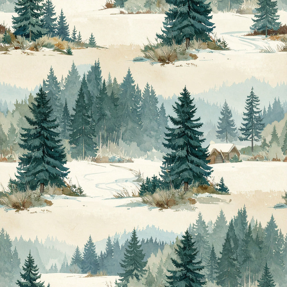 winter landscape, forest green, sage green, cream, beige, soft blue, misty blue, snow white, evergreen trees, pine trees, coniferous forest, snowy scenery, winter scene, cabin, mountain lodge, rustic, cozy, nature, scenic, peaceful, tranquil, woodland, winter, cold weather, alpine, cottage core, traditional, wintry, frozen landscape