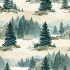 winter landscape, forest green, sage green, cream, beige, soft blue, misty blue, snow white, evergreen trees, pine trees, coniferous forest, snowy scenery, winter scene, cabin, mountain lodge, rustic, cozy, nature, scenic, peaceful, tranquil, woodland, winter, cold weather, alpine, cottage core, traditional, wintry, frozen landscape