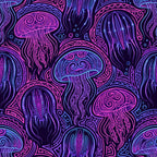 neon pink, electric magenta, vibrant purple, hot pink, cyan blue, deep indigo, neon glow, jellyfish, ocean creatures, sea life, bioluminescent, marine, underwater, abstract, psychedelic, contemporary, modern, bohemian, whimsical, celestial, mystical, cosmic, decorative patterns, intricate designs, flowing lines, spiral motifs, ornamental, fantasy, playroom, kids room