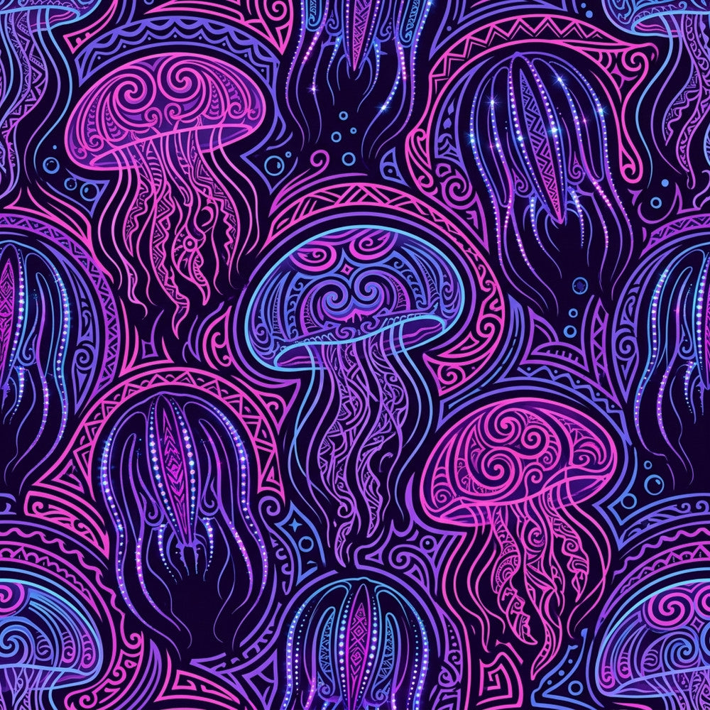 neon pink, electric magenta, vibrant purple, hot pink, cyan blue, deep indigo, neon glow, jellyfish, ocean creatures, sea life, bioluminescent, marine, underwater, abstract, psychedelic, contemporary, modern, bohemian, whimsical, celestial, mystical, cosmic, decorative patterns, intricate designs, flowing lines, spiral motifs, ornamental, fantasy, playroom, kids room