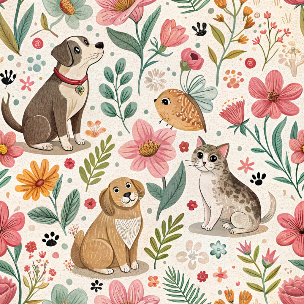 floral pattern, dogs, cats, rabbit, pets, animals, pink flowers, coral blooms, green leaves, botanical motifs, paw prints,, fabric panel, whimsical illustration, nature design, pet themed, soft pastels, cream background, folk art style, spring florals