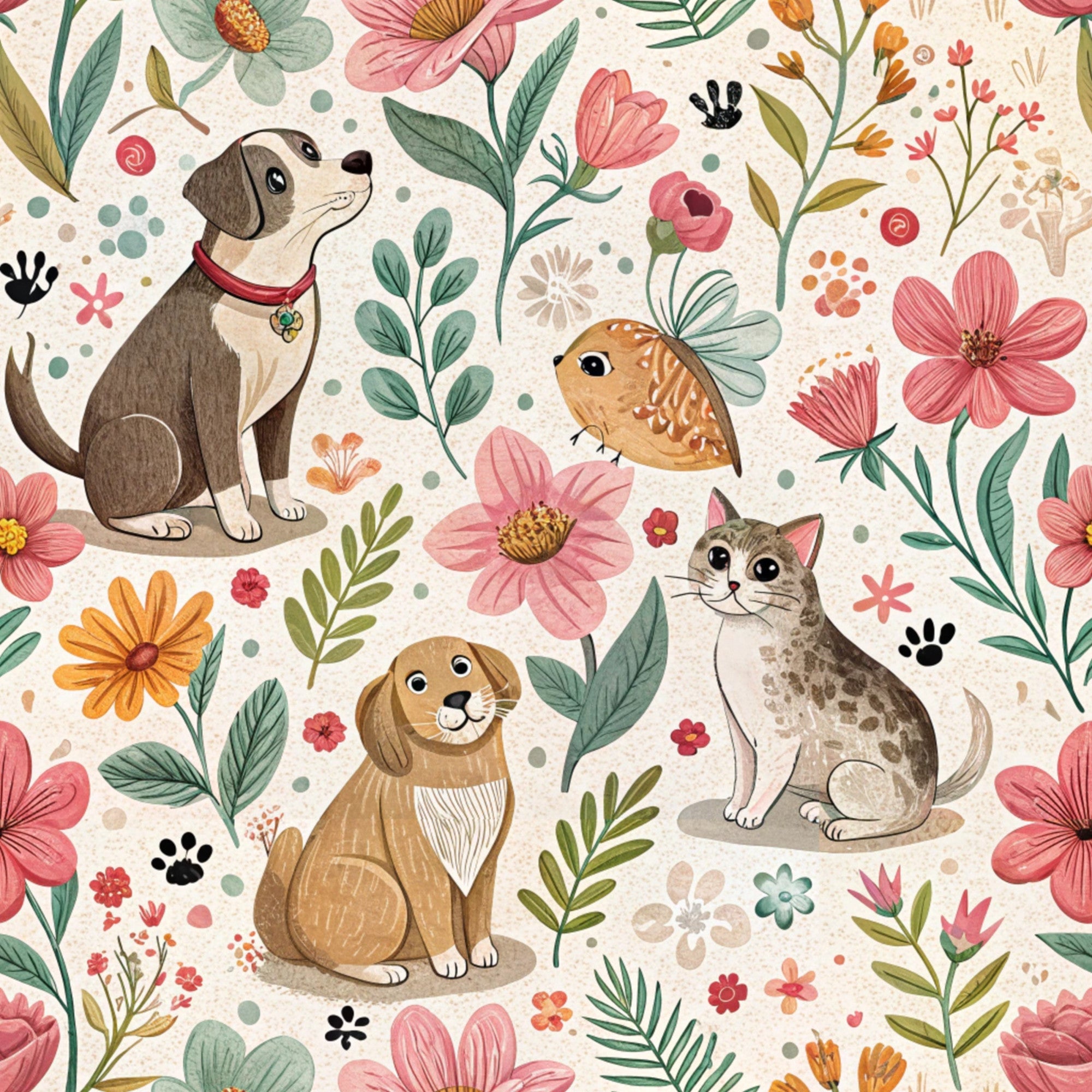 floral pattern, dogs, cats, rabbit, pets, animals, pink flowers, coral blooms, green leaves, botanical motifs, paw prints,, fabric panel, whimsical illustration, nature design, pet themed, soft pastels, cream background, folk art style, spring florals