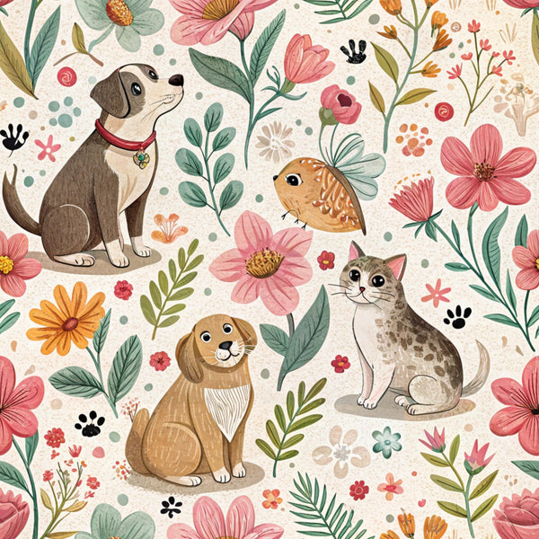 floral pattern, dogs, cats, rabbit, pets, animals, pink flowers, coral blooms, green leaves, botanical motifs, paw prints,, fabric panel, whimsical illustration, nature design, pet themed, soft pastels, cream background, folk art style, spring florals
